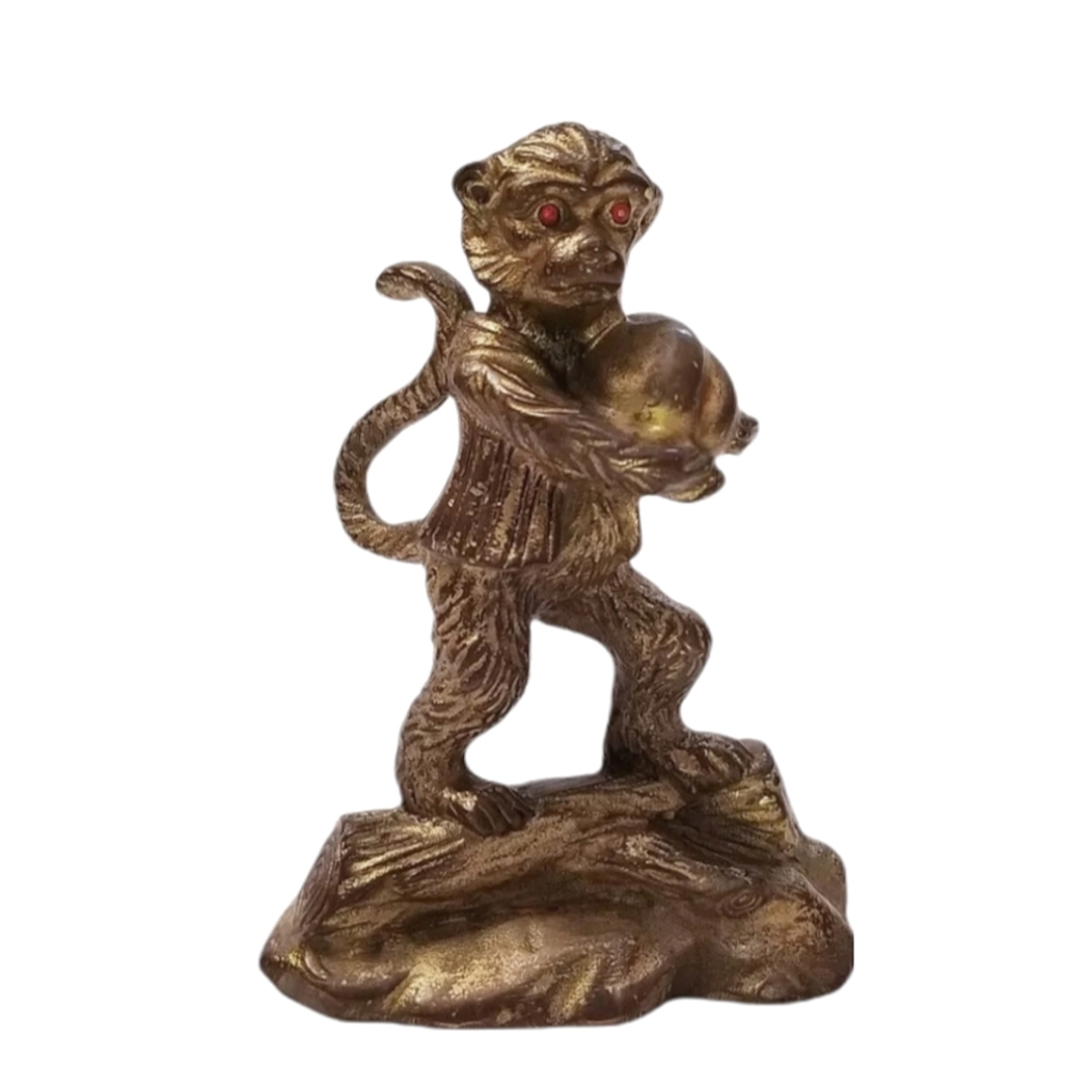 Vintage Chinese Fengshui Monkey and Peach Figurine Bronze Prosperity Longevity